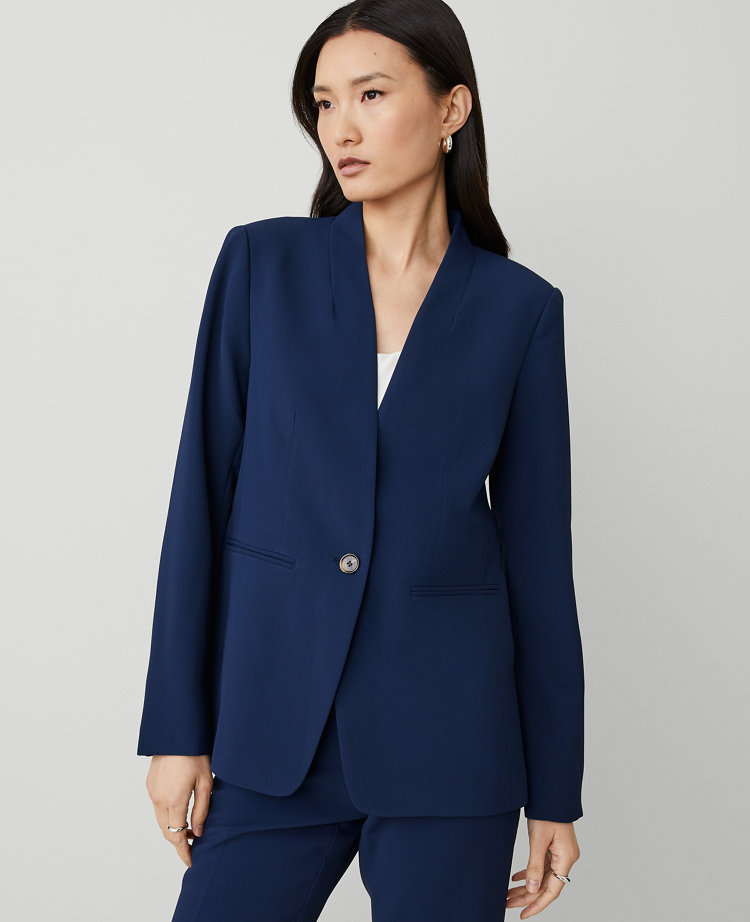 The Long Collarless Blazer in Fluid Crepe