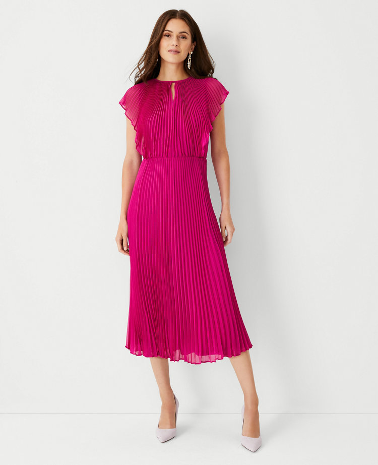 Flutter Sleeve Pleated Midi Dress