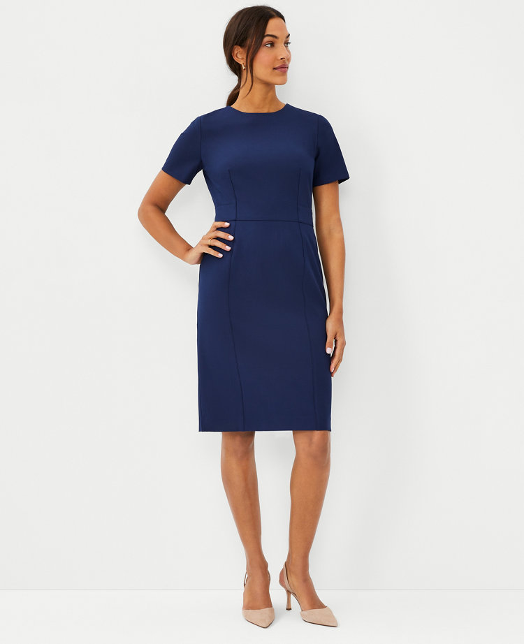 Ann Taylor The Short Sleeve Sheath Dress In Bi-stretch In Pure Sapphire