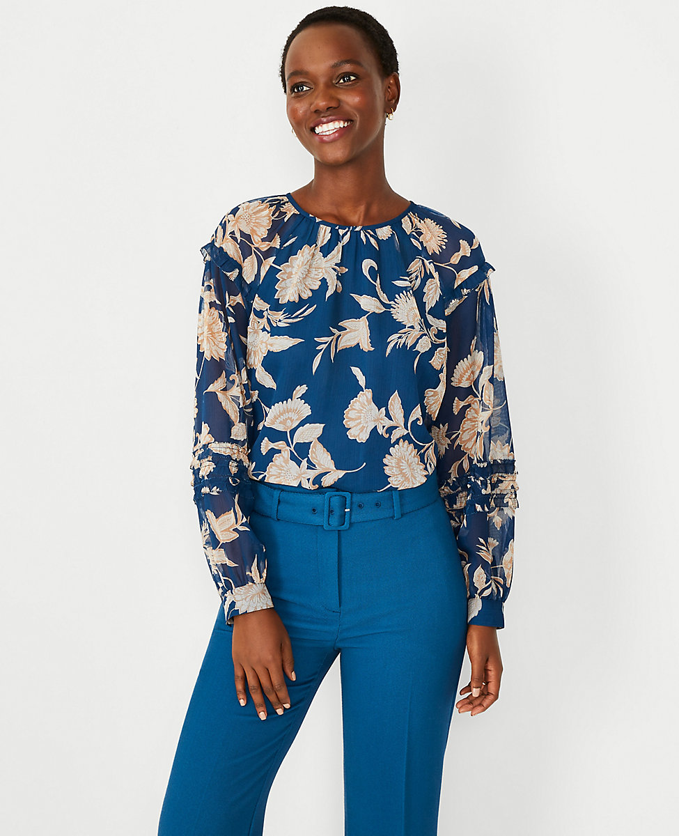 Petite Baroque Floral Ruffle Sleeve Top
