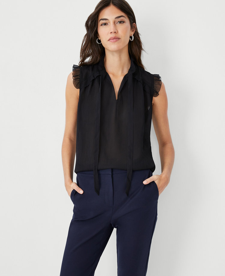 Ruffle Yoke Tie Neck Top