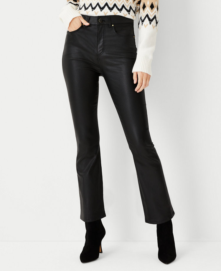 Petite black coated high waisted flared jeans