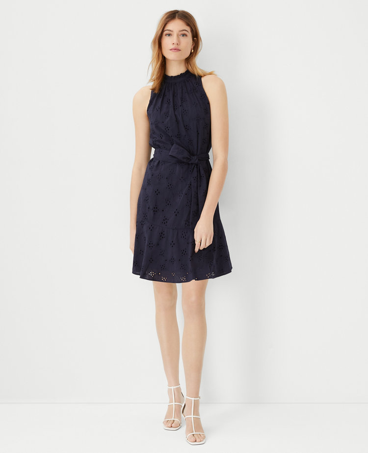 Eyelet Mock Neck Belted Flare Dress