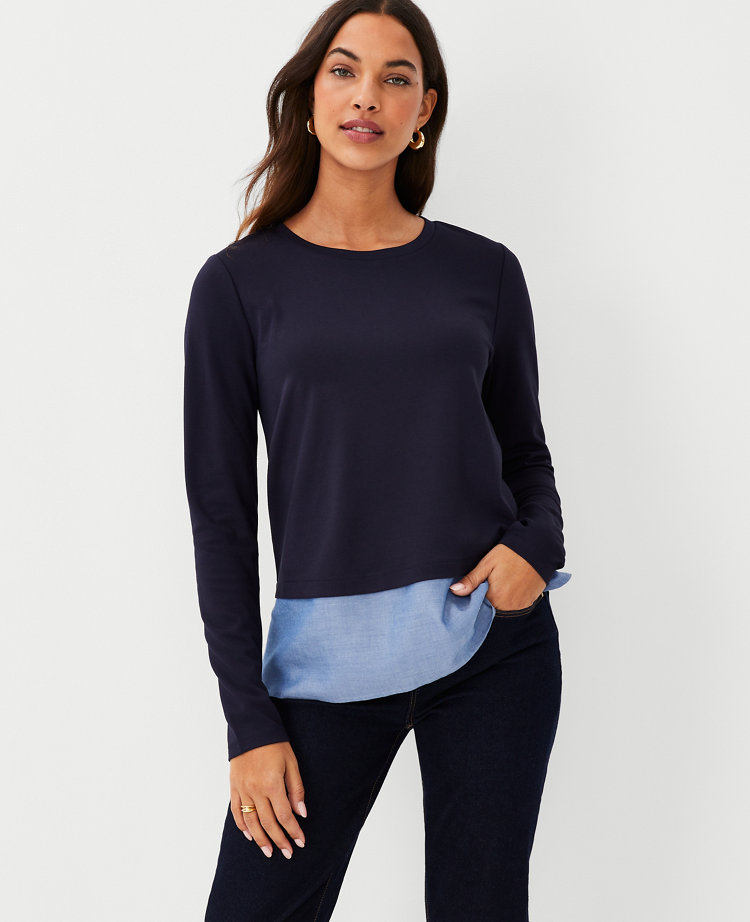 Petite Chambray Layered Mixed Media Top