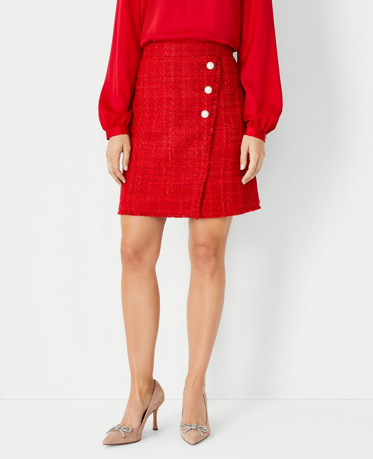 Petite Tweed Button Wrap Skirt