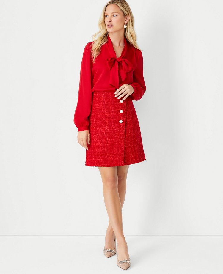 Petite Tweed Button Wrap Skirt