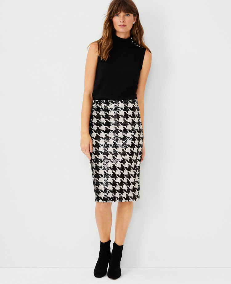 Ann Taylor Petite Sequin Houndstooth Pencil Skirt Black Women's