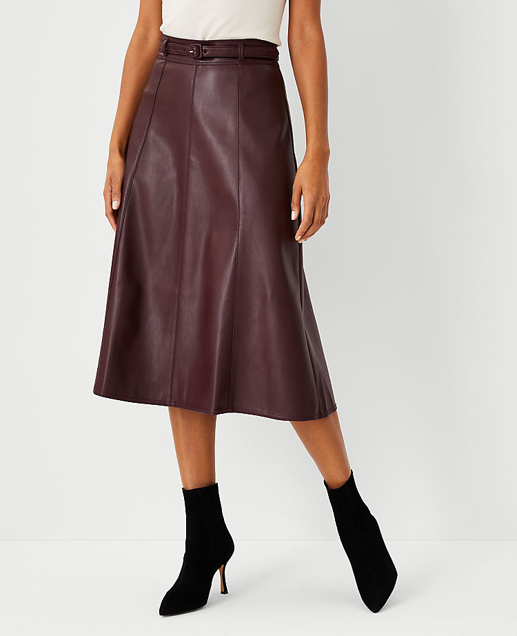 Petite Belted Faux Leather Midi Skirt