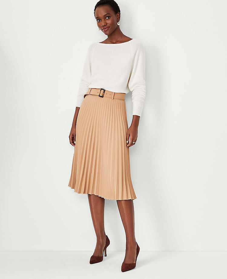 Petite Belted Pleated Midi Skirt