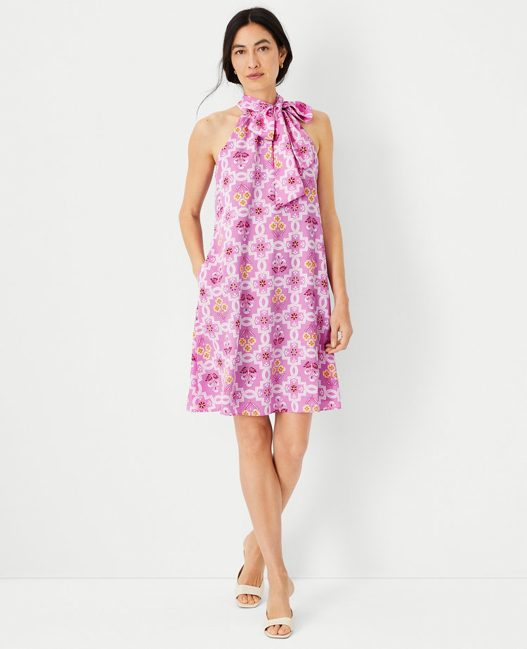 Tile Print Tie Neck Dress