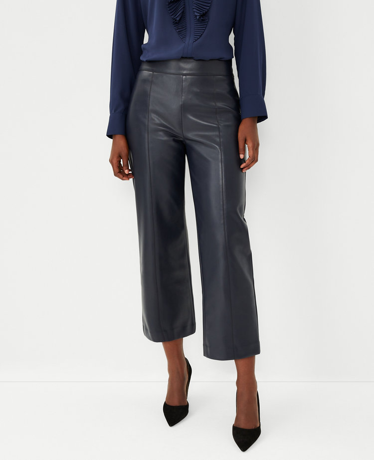 The Petite High Waist Easy Straight Crop Pant in Faux Leather