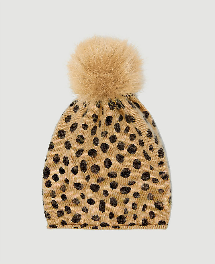 Animal Print Faux Fur Pom Pom Cashmere Hat