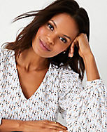 Petite Floral Pleated Sleeve V-Neck Popover carousel Product Image 1