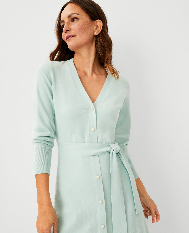 Petite Pearlized Button Belted Sweater Dress