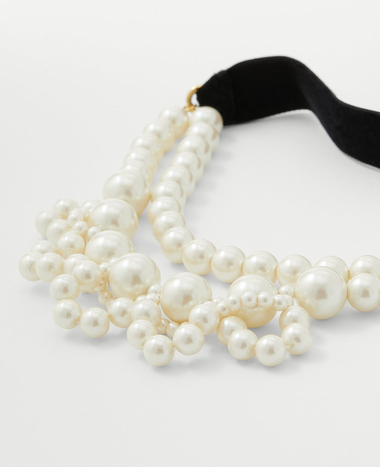 Lanvin Pearl Strand Satin Ribbon Necklace in White