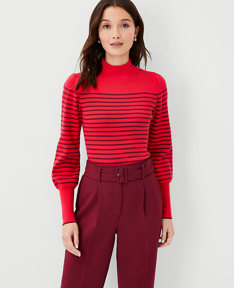 Petite Striped Puff Sleeve Mock Neck Sweater