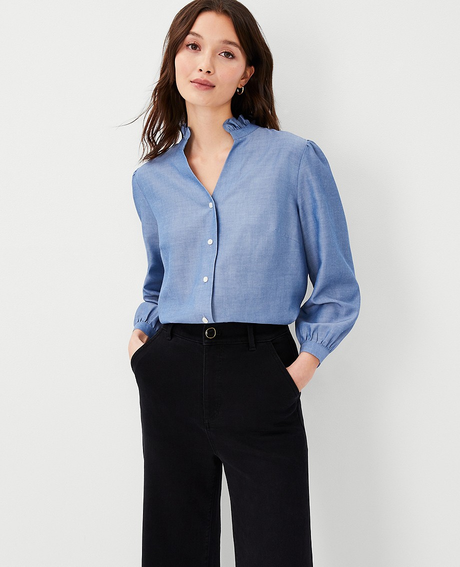 Chambray Ruffle Button Top