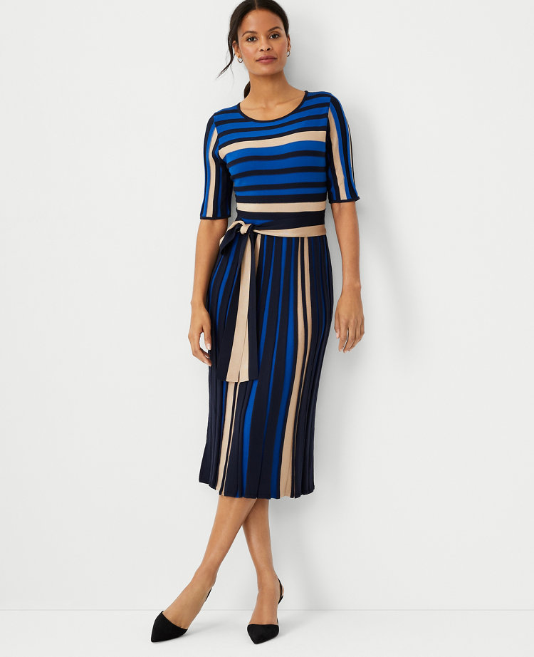 Petite Stripe Belted Flare Sweater Dress