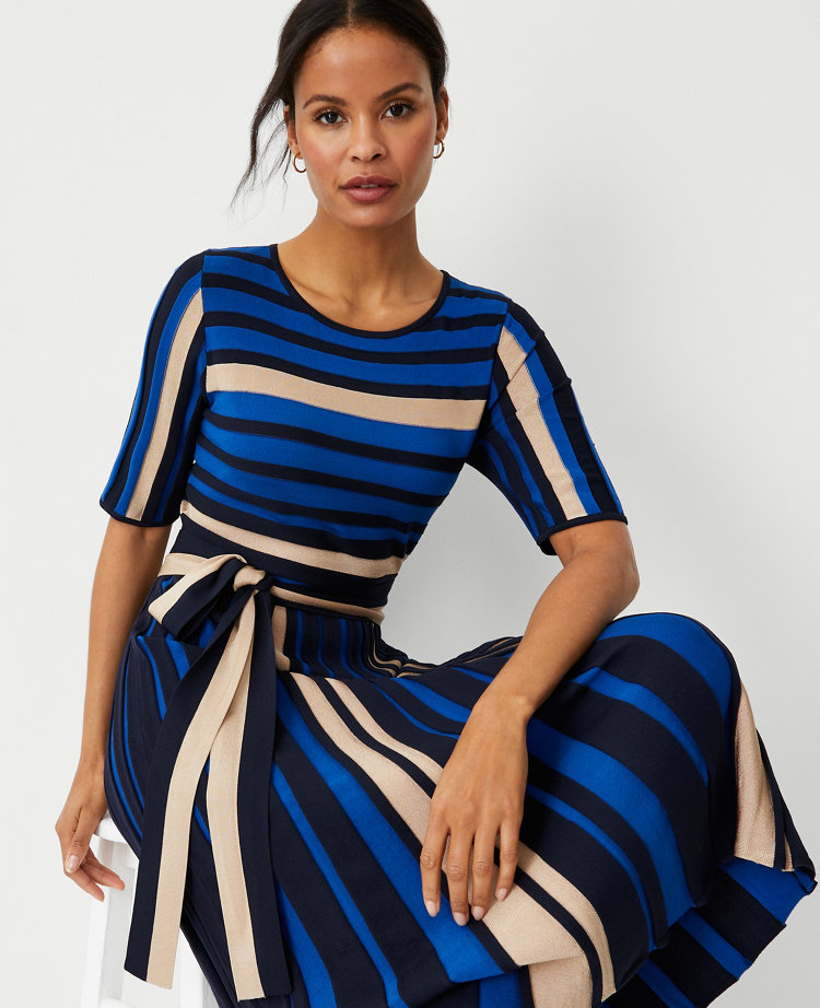 Petite Stripe Belted Flare Sweater Dress