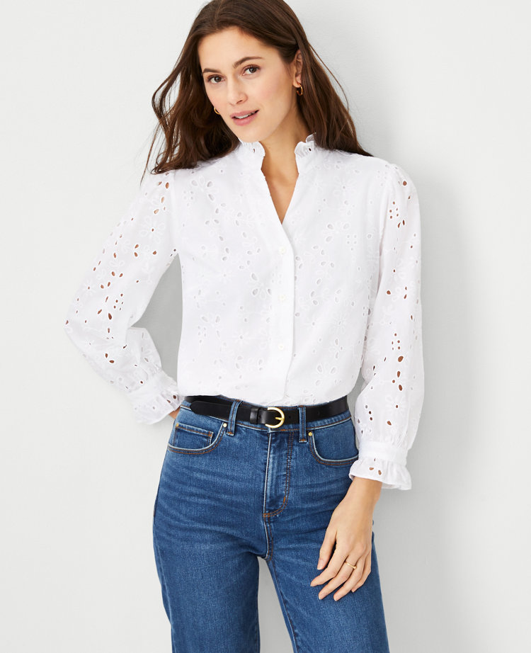 ANN TAYLOR Tops and Blouses | Mixed Media Eyelet Ruffle Trim Top Pink Flare  - Womens • Zero Matters