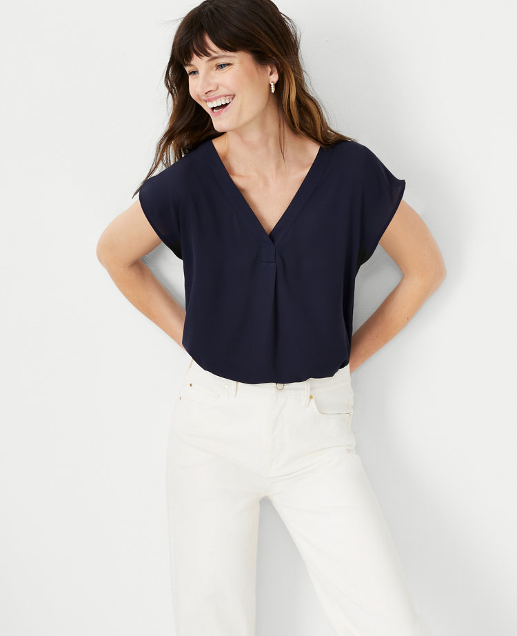 Ann Taylor Mixed Media Pleat Front Top In Night Sky