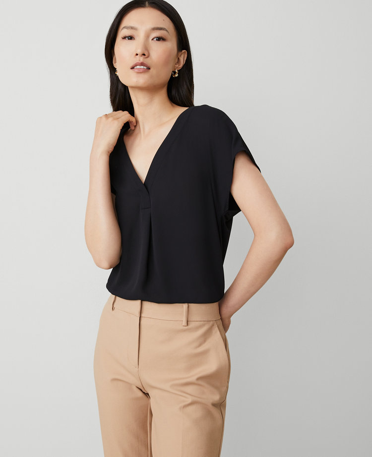 Ann Taylor Mixed Media Pleat Front Top In Black