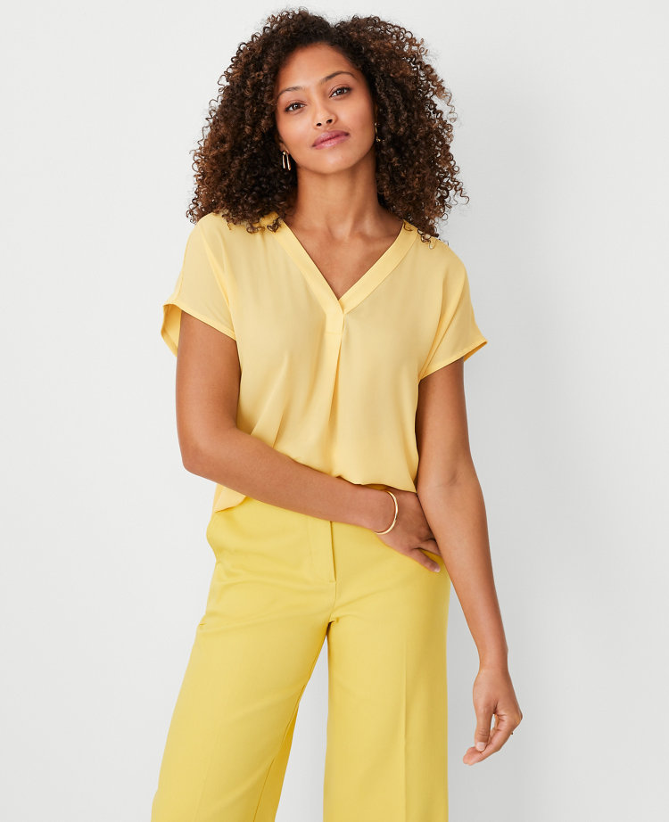 Ann Taylor Mixed Media Pleat Front Top In Sunny Lemon