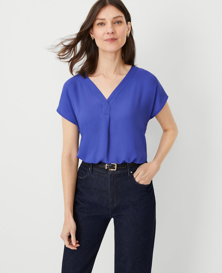 Ann Taylor Mixed Media Pleat Front Top In Azurine Blue