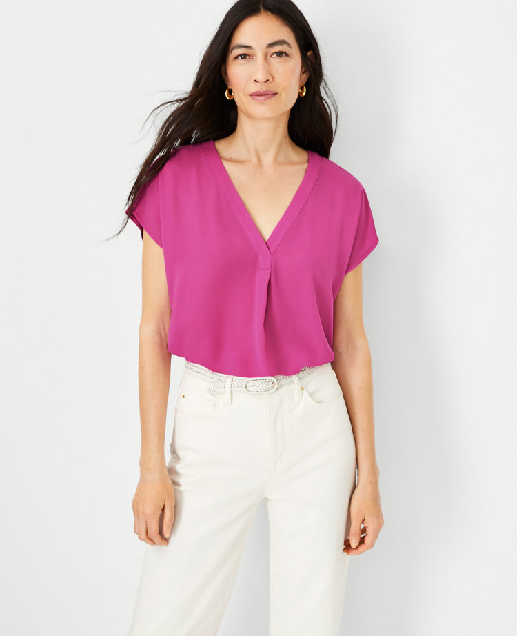 Ann Taylor Mixed Media Pleat Front Top In Purple Peony