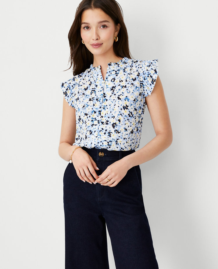 Floral Mixed Media Ruffle Button Shell