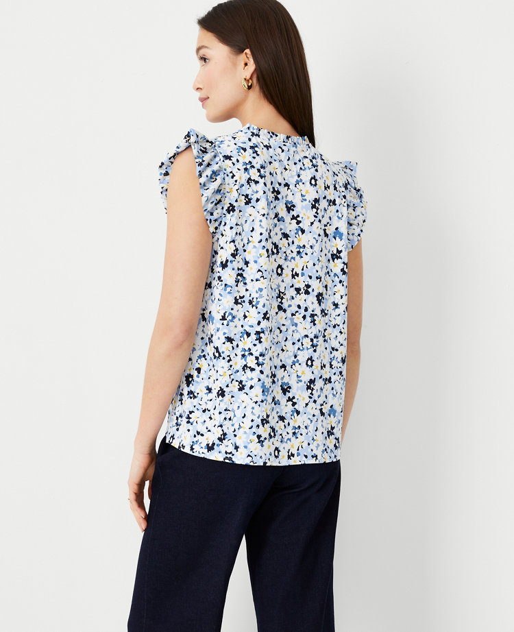 Floral Mixed Media Ruffle Button Shell