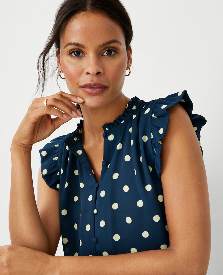 Dotted Mixed Media Ruffle Button Shell