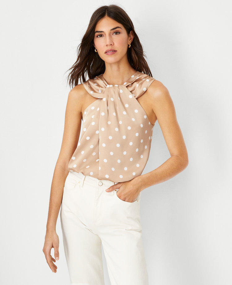Polka Dot Mixed Media Knotted Halter Top