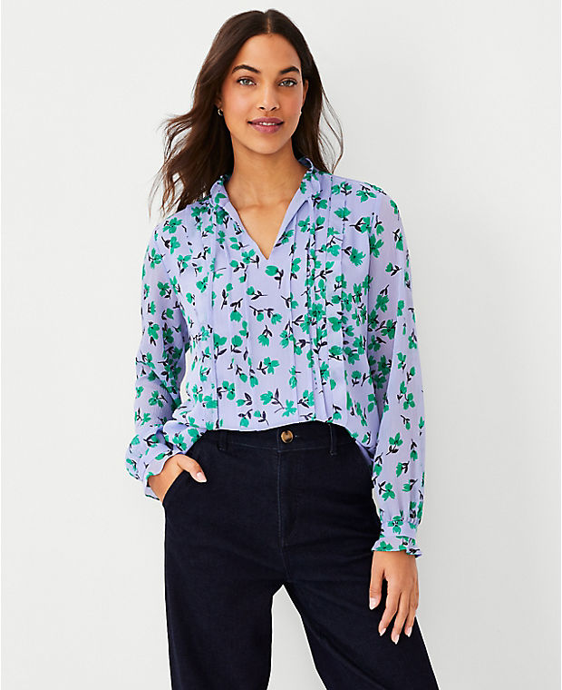 Floral Pintucked Ruffle Tie Neck Top