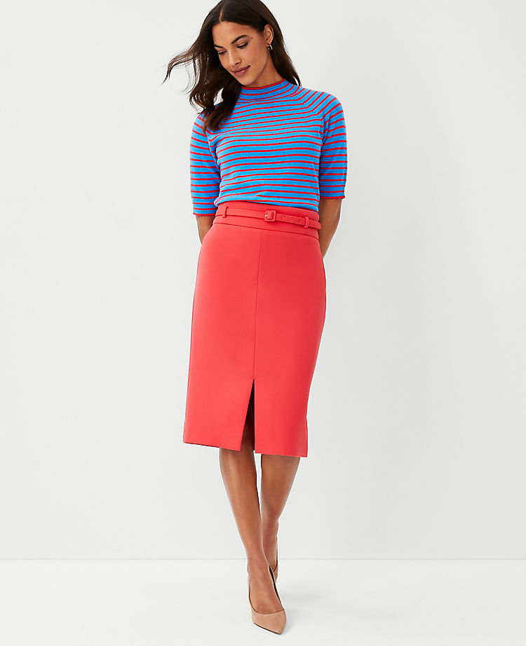 Petite Belted Front Slit Pencil Skirt