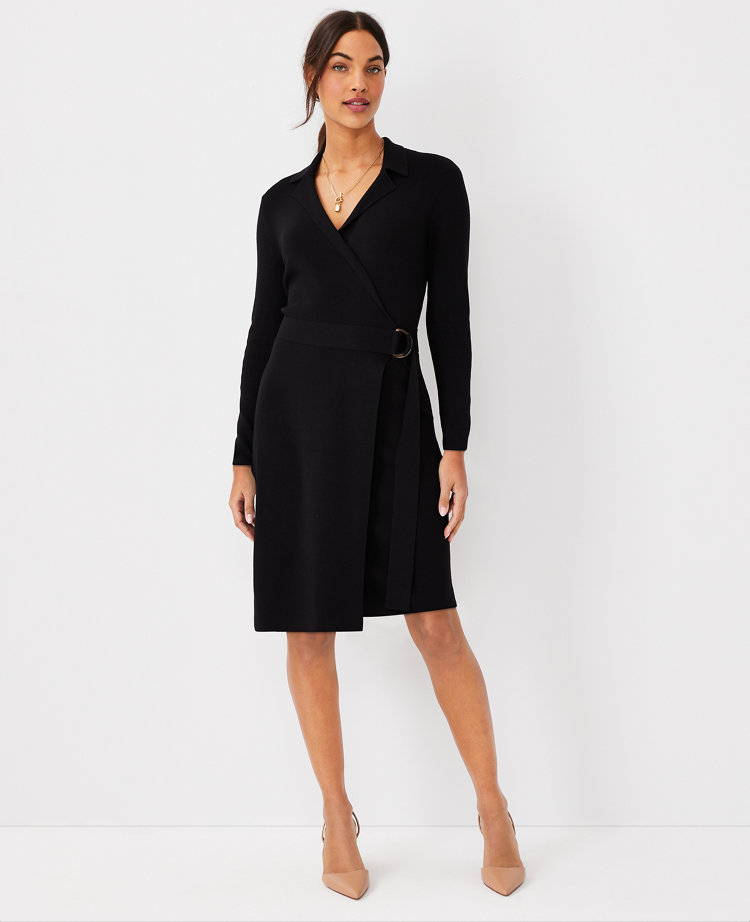 Petite Notched Collar Belted Sweater Dress
