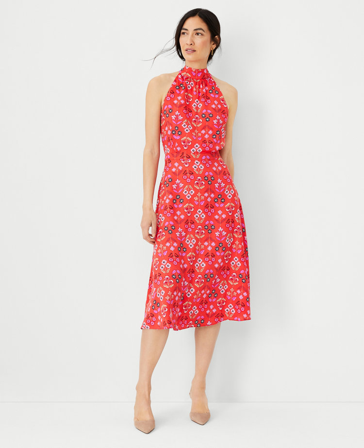 Floral Tie Neck Flare Dress