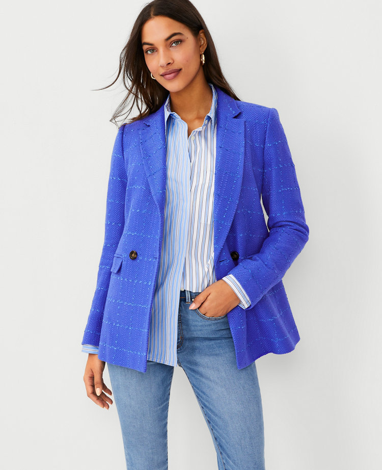 The Petite Double Breasted Long Blazer in Tweed