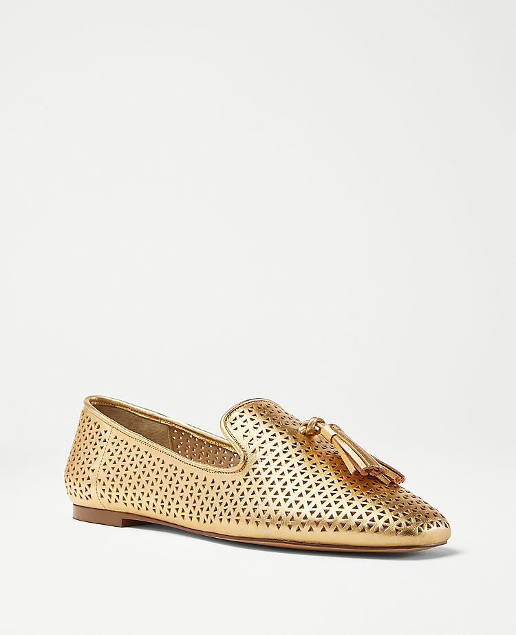 Perforated Metallic Leather Tassel Loafer Flats