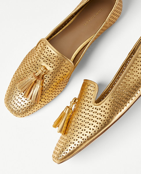 Perforated Metallic Leather Tassel Loafer Flats