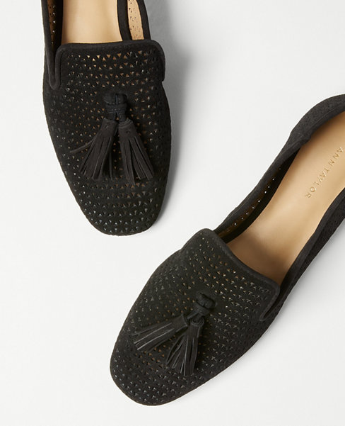 Perforated Suede Tassel Loafer Flats