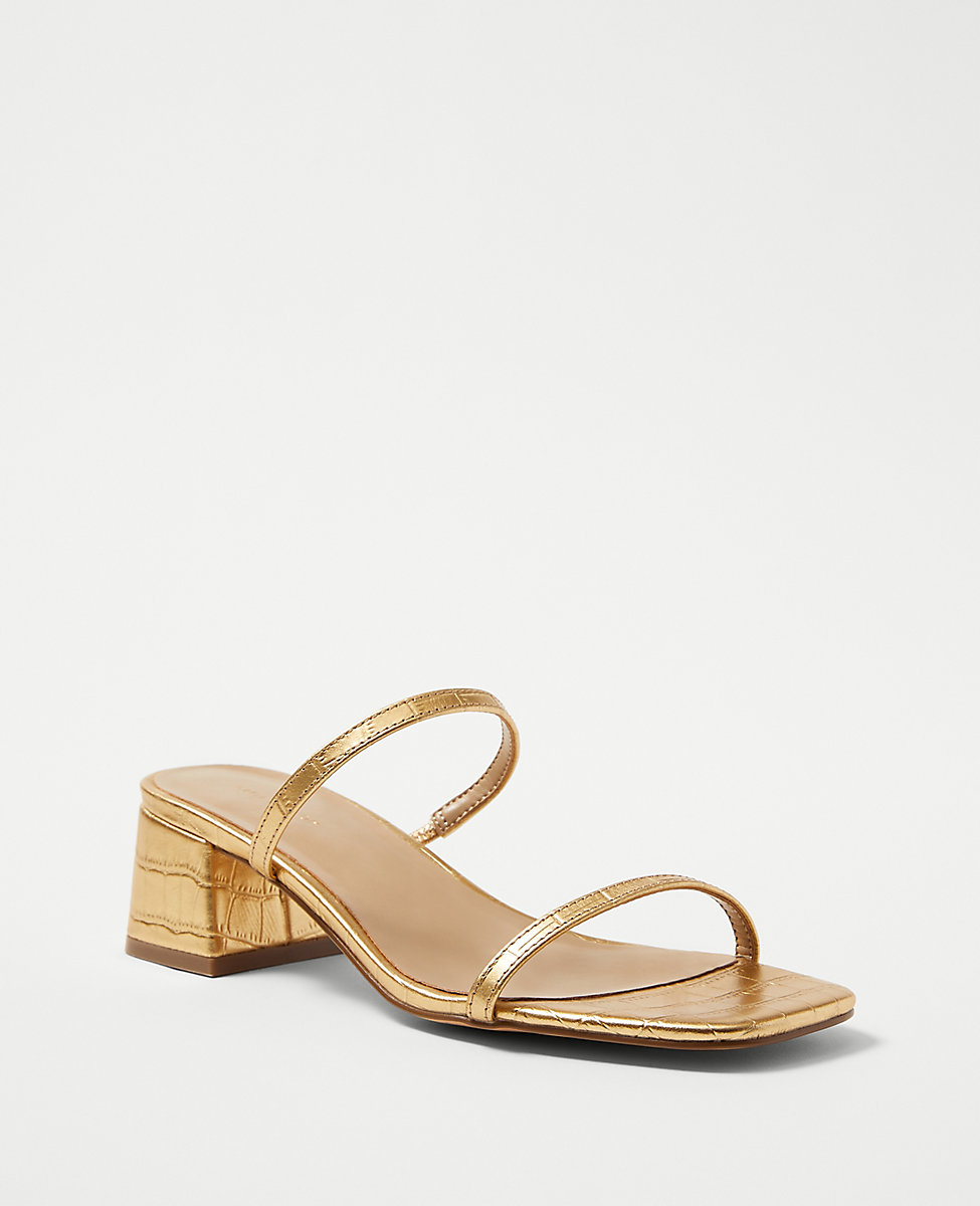 Embossed Leather Two Strap Block Heel Sandals
