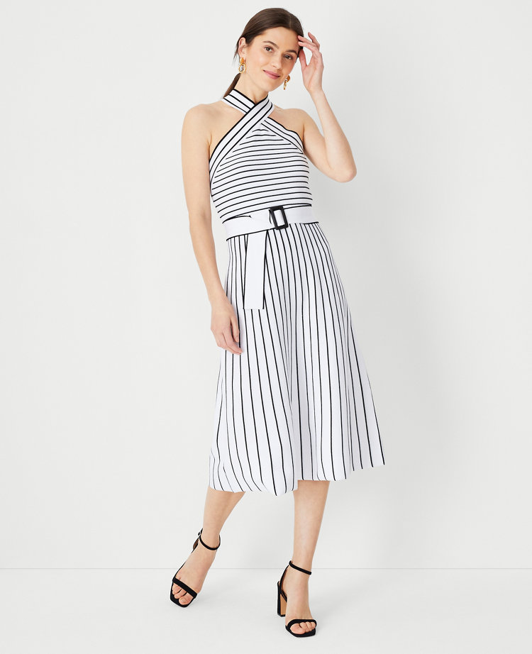 Striped Crossover Halter Sweater Dress