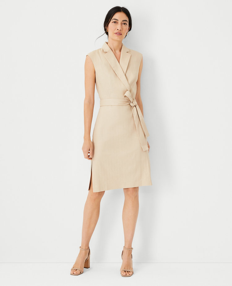 The Notched Collar Tie Waist Dress in Herringbone Linen Blend