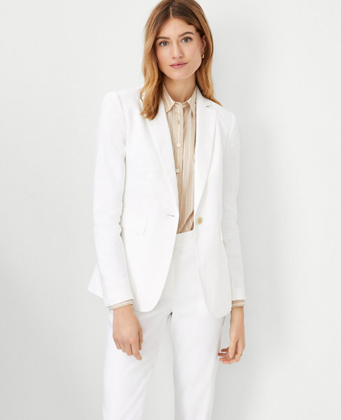 The Long Notched One Button Blazer in Herringbone Linen Blend