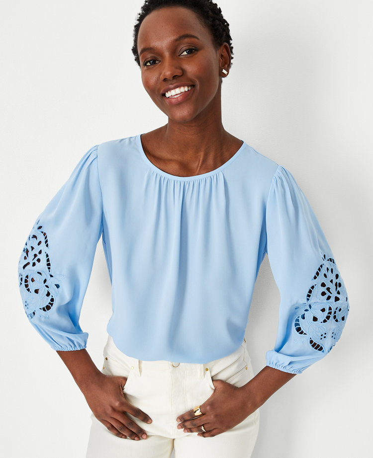 Eyelet Sleeve Mixed Media Top