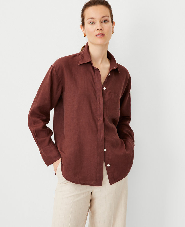 Ann Taylor Oversized Linen Shirt Brown Stone Women's