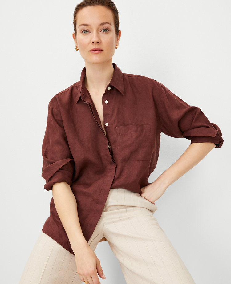 Ann Taylor Oversized Linen Shirt Brown Stone Women's