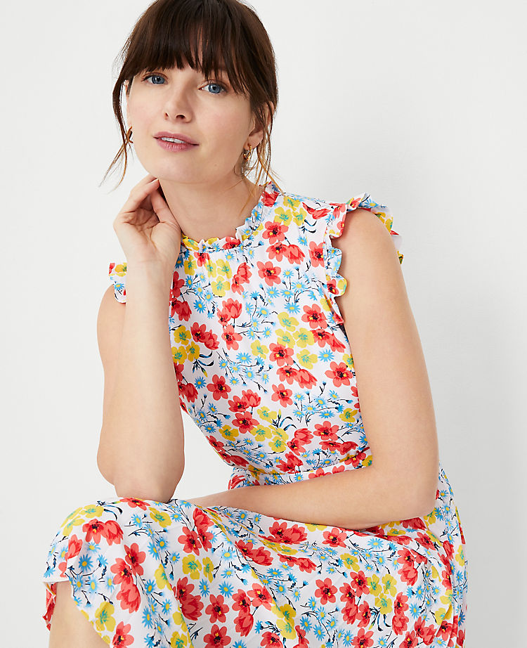 Floral Ruffle Pleated Flare Dress