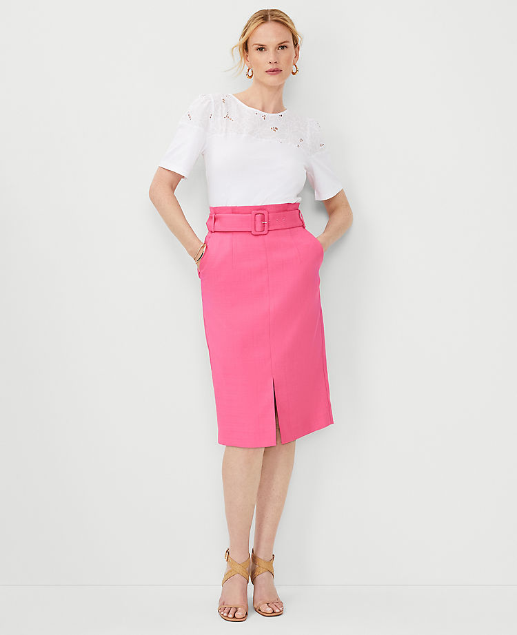 Paperbag Belted Front Slit Pencil Skirt